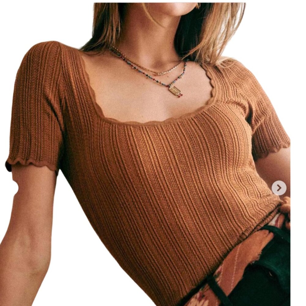 Sézane Anil Jumper Pointelle Knit Square Neck Scalloped S small coffee brown top
